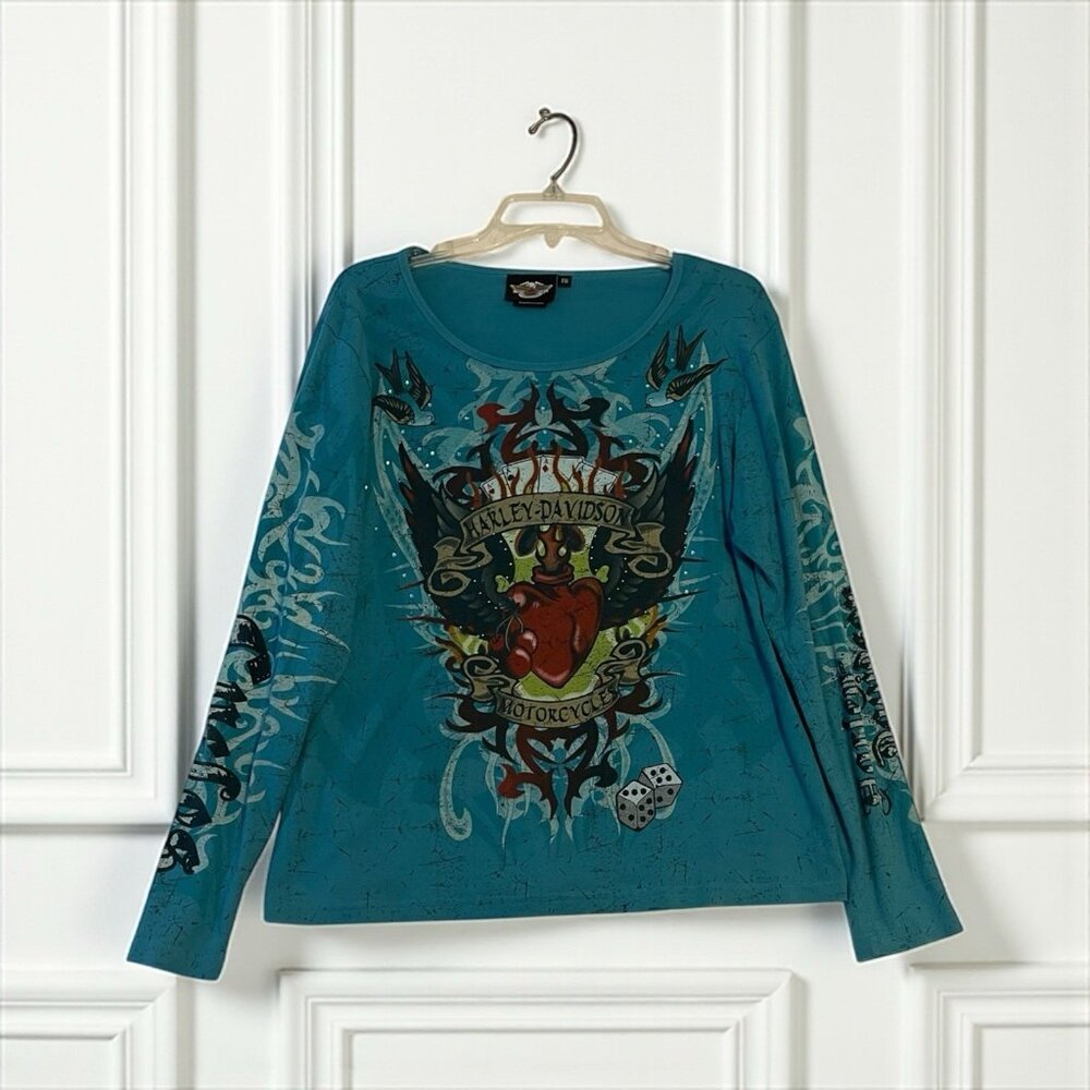 Harley Davidson Sz 1W Vintage Blue Long Sleeve Rhinestone Studded Shirt
